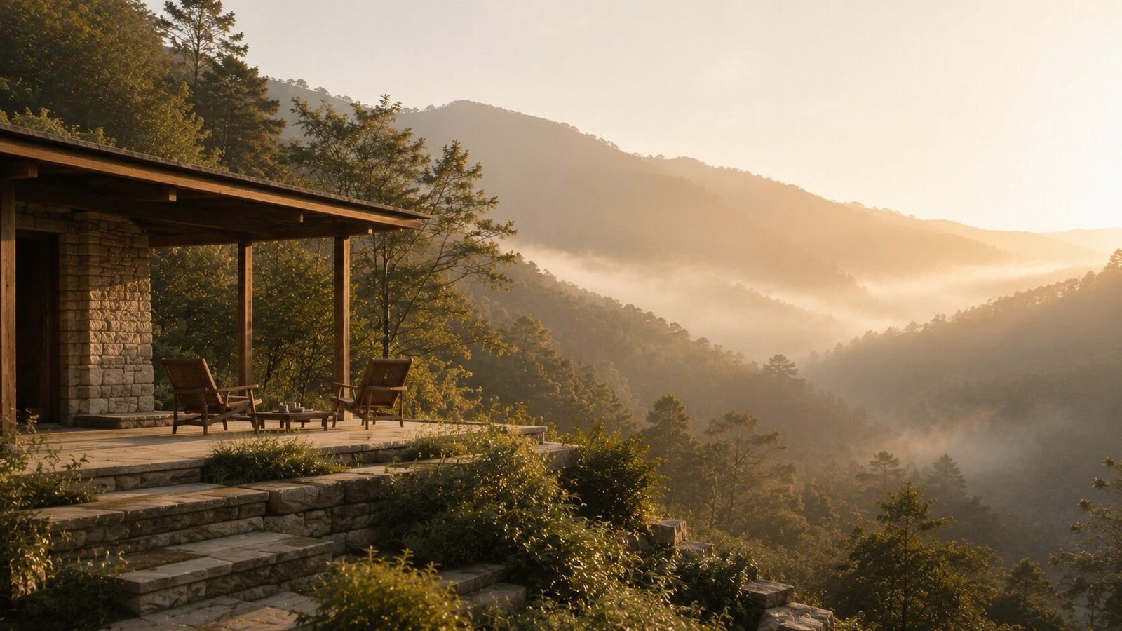 A low stone-and-timber veranda opening onto a misted, forested valley at golden hour, two simple chairs set for an unhurried conversation.