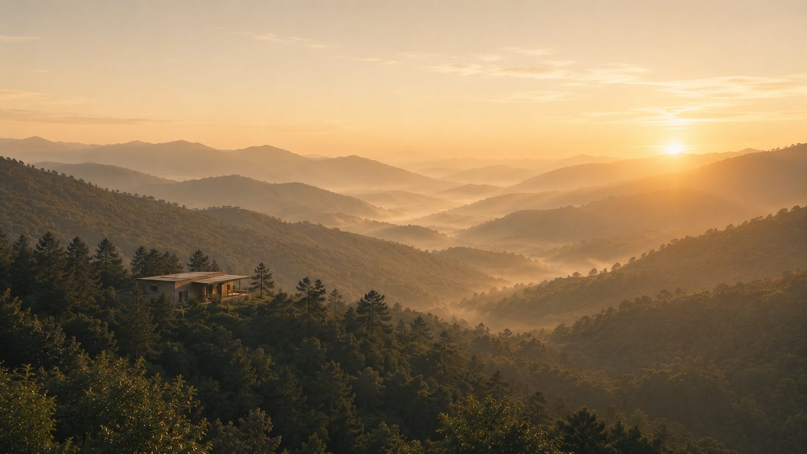 Dawn breaking over layered foothills, a single low house resting among the trees.
