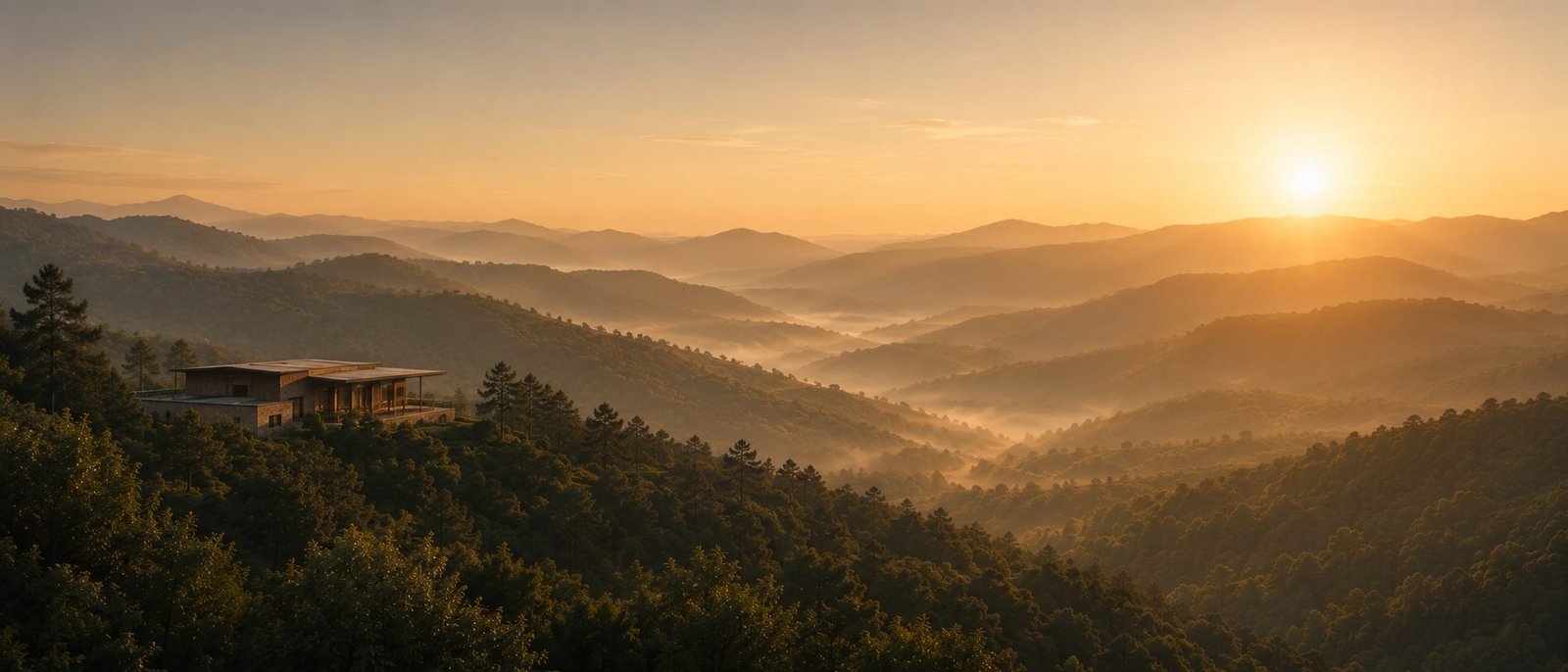 A low stone-and-timber house resting quietly among forested foothills at golden hour, morning mist filling the valleys below.
