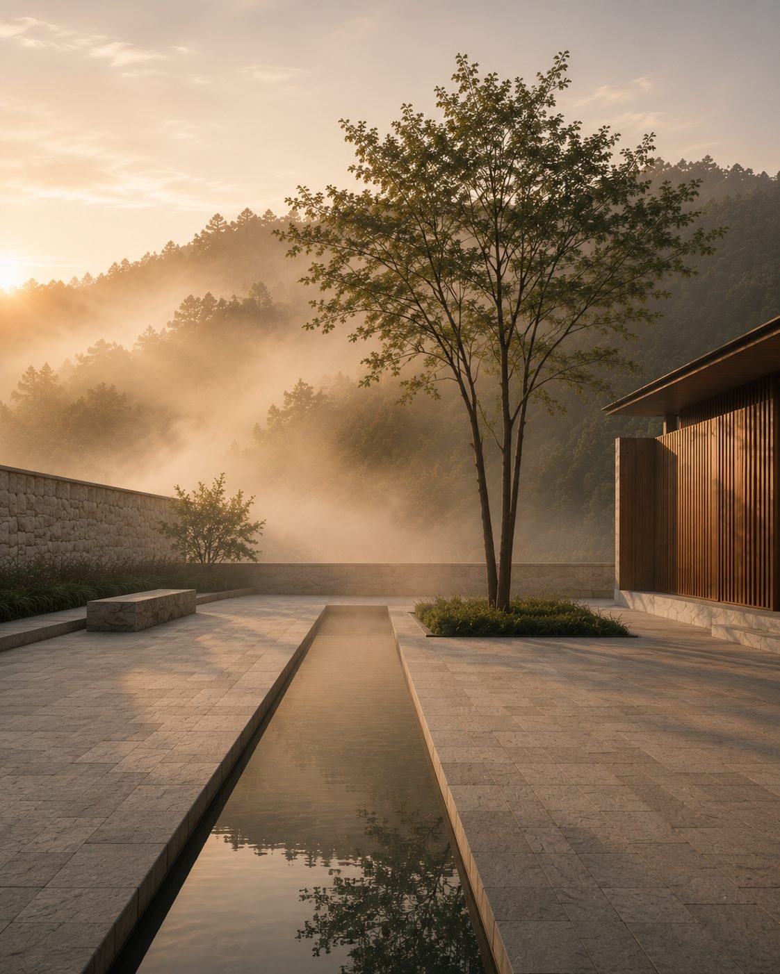 A misted stone courtyard at dawn with a single tree beside a narrow reflecting channel and a timber-screened pavilion.