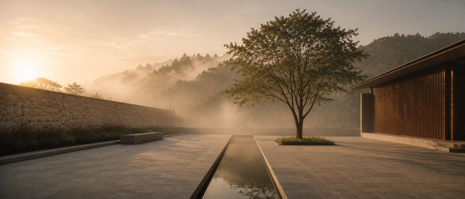 A single tree shown in full beside a still reflecting channel, morning mist over the foothills behind.