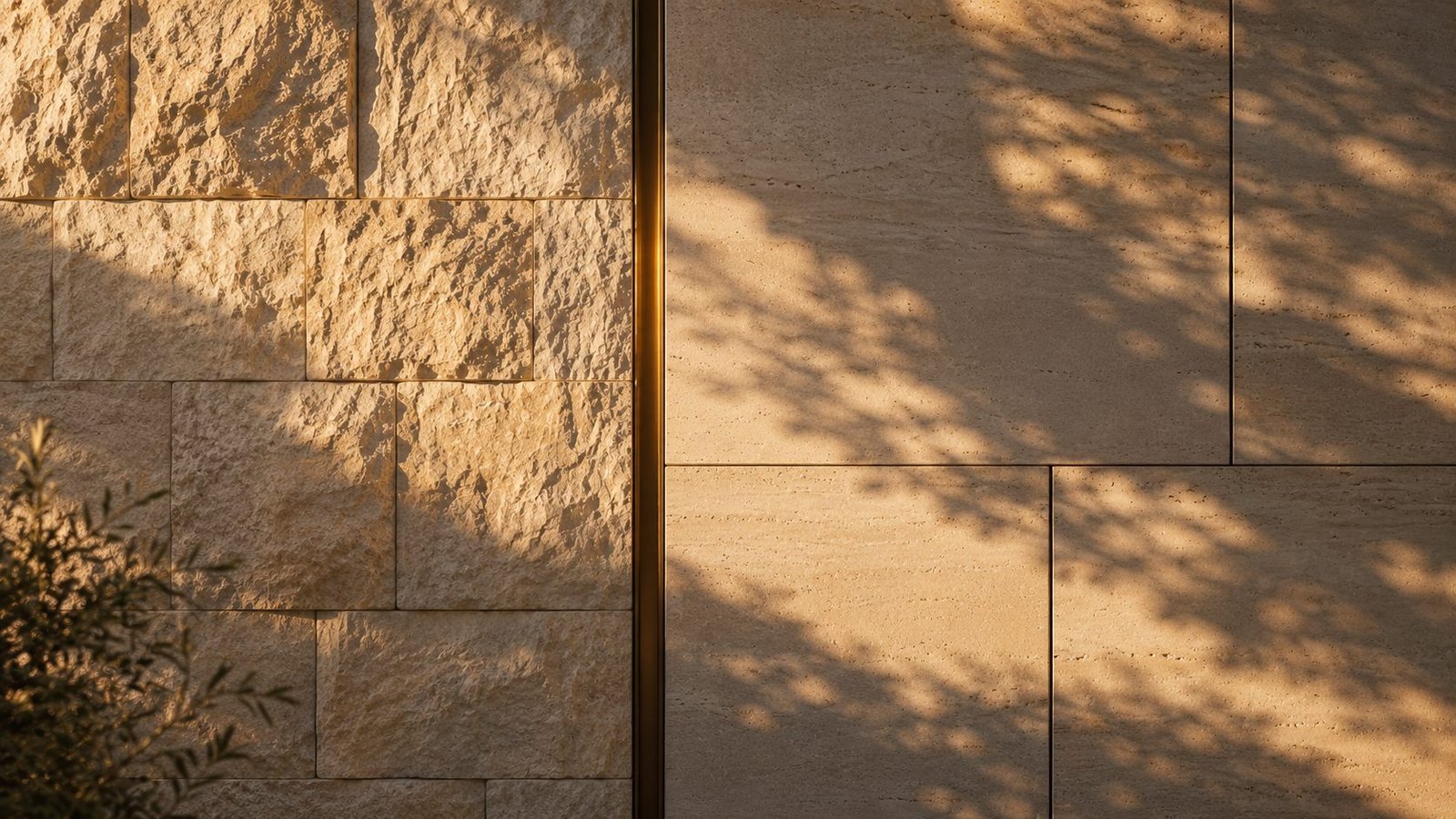 Low golden light raking across a hand-laid limestone wall, tree shadows drifting over the stone.