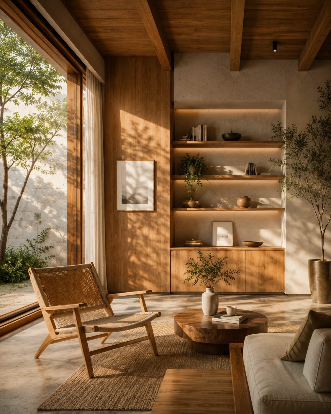 A warm timber-lined living room with soft afternoon light raking across the grain, a woven chair and a large window onto greenery.