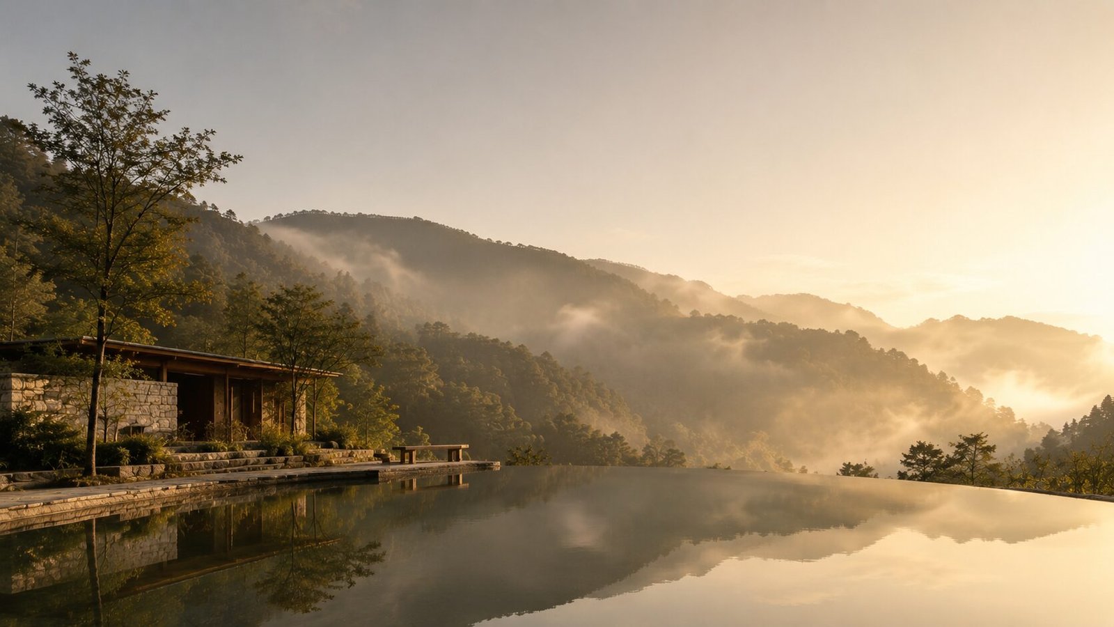 A still dawn pool reflecting a misted, forested valley, a low stone-and-timber house resting quietly at its edge as first light breaks.