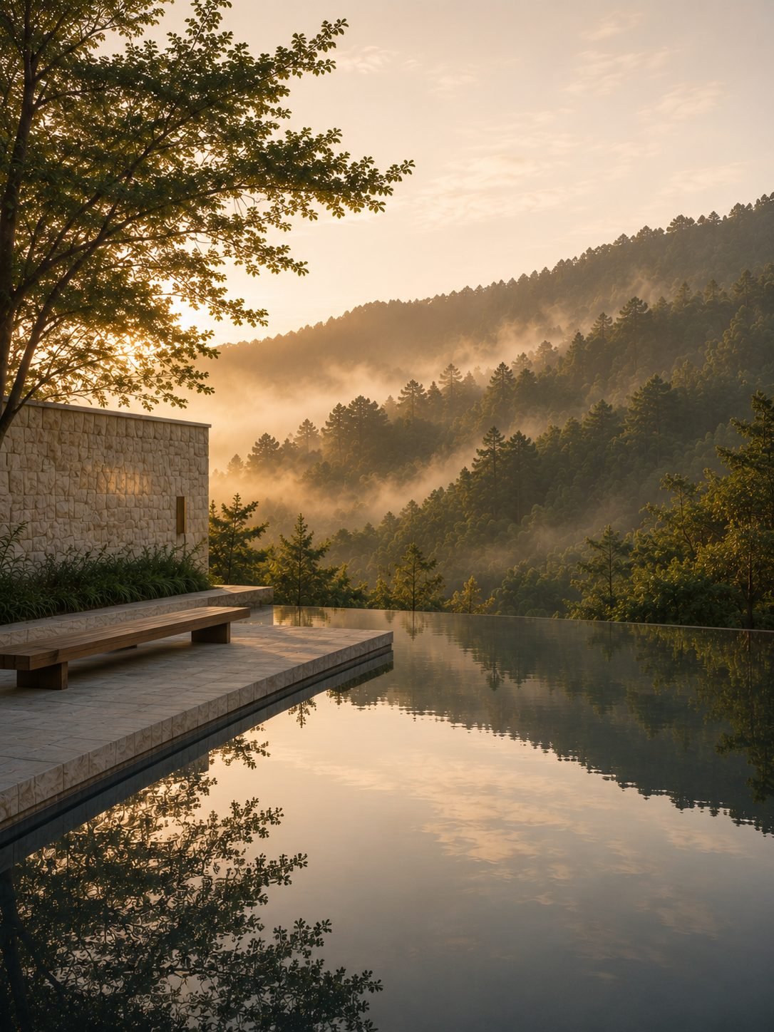 A still infinity pool at dawn reflecting a misty treeline, a low stone deck and timber bench at its edge.