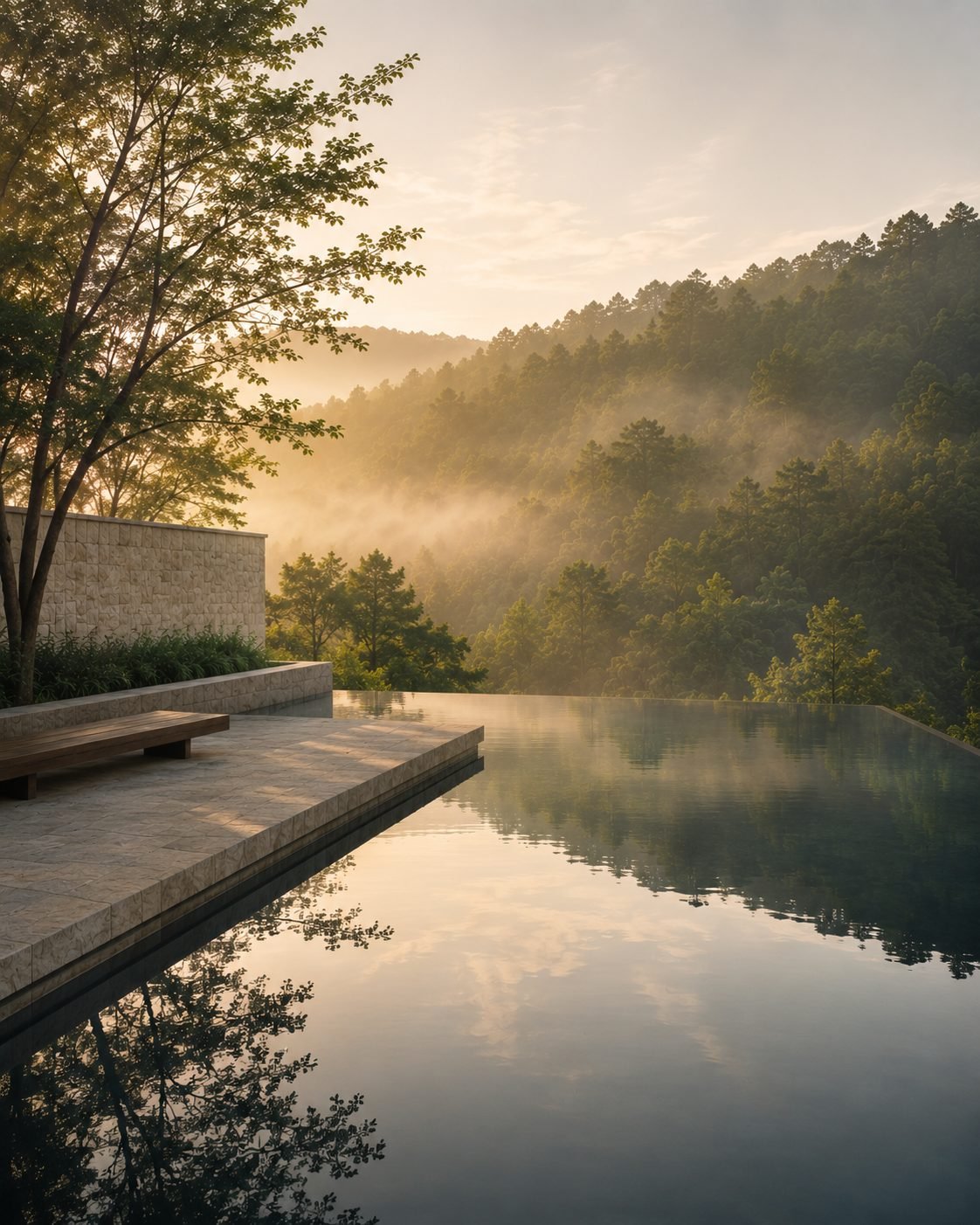 An infinity-edge reflecting pool meeting a misty forested hillside at dawn, a timber bench at the stone edge.